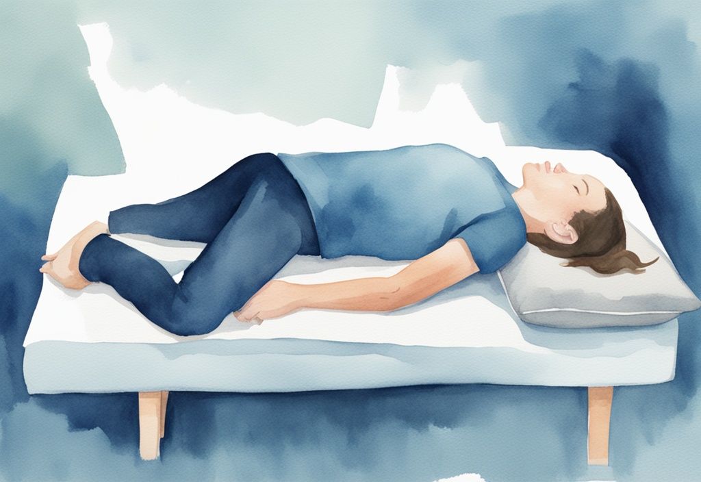 Ilustración moderna en acuarela de una persona durmiendo de lado con una almohada cervical para lograr una alineación espinal adecuada, rectificación cervical: cómo dormir.