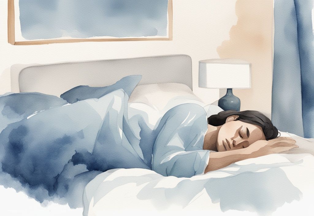 Ilustración moderna en acuarela de una figura durmiendo de lado con una almohada cervical en un dormitorio tranquilo y relajante, con tonos azules predominantes.