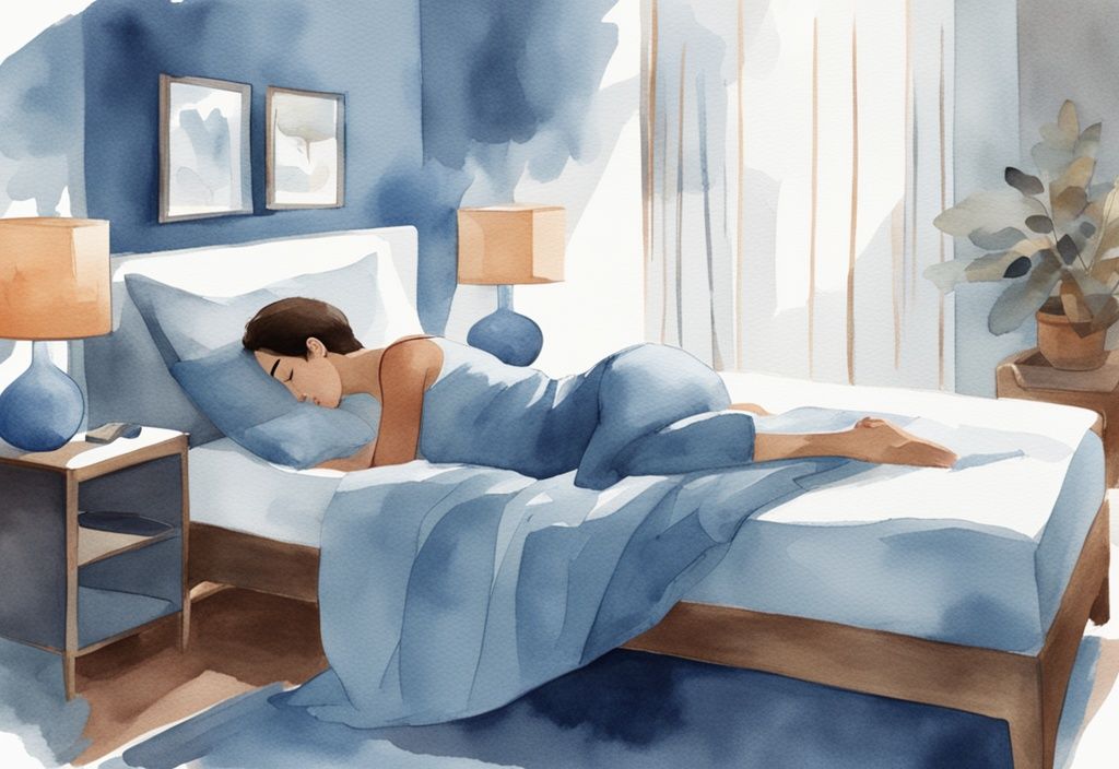 Ilustración moderna en acuarela en tonos azules de una persona ajustando su posición en la cama con almohadas para aliviar el dolor de lumbago, cómo dormir con lumbago.