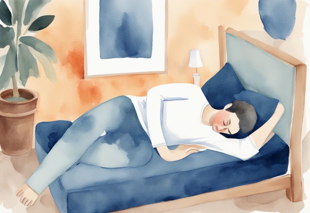 Ilustración moderna en acuarela de una persona durmiendo cómodamente de lado con los brazos sobre una almohada, método para evitar que las manos se duerman, color azul predominante.