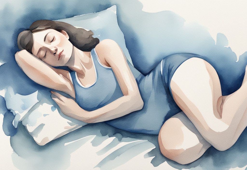 Ilustración moderna en acuarela de una persona durmiendo de lado con una almohada entre las rodillas para aliviar el dolor de la bursitis de cadera, mostrando cómo dormir con bursitis de cadera.