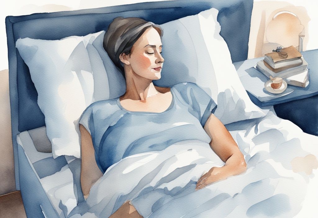 Ilustración moderna en acuarela de una mujer descansando cómodamente en la cama con múltiples almohadas apoyando su cuerpo y brazo en el lado de la mastectomía, cómo dormir después de una mastectomía.