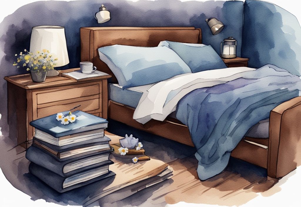 Ilustración moderna en acuarela de ayudas naturales para dormir como té de manzanilla, aceite de lavanda y una pila de libros en una mesita de noche de madera oscura junto a una cama cómoda en una habitación tenuemente iluminada.