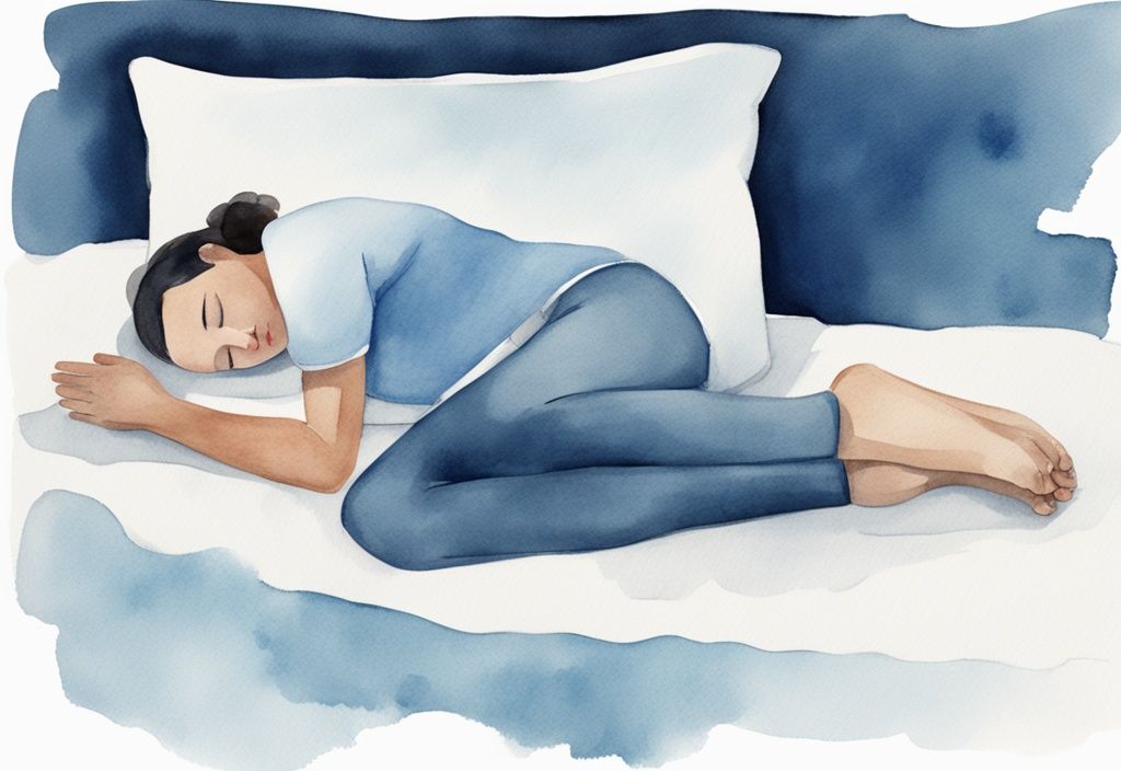 Ilustración moderna en acuarela de una persona durmiendo de lado con una almohada entre las rodillas para aliviar el malestar de la bursitis de cadera, tema principal en color azul.