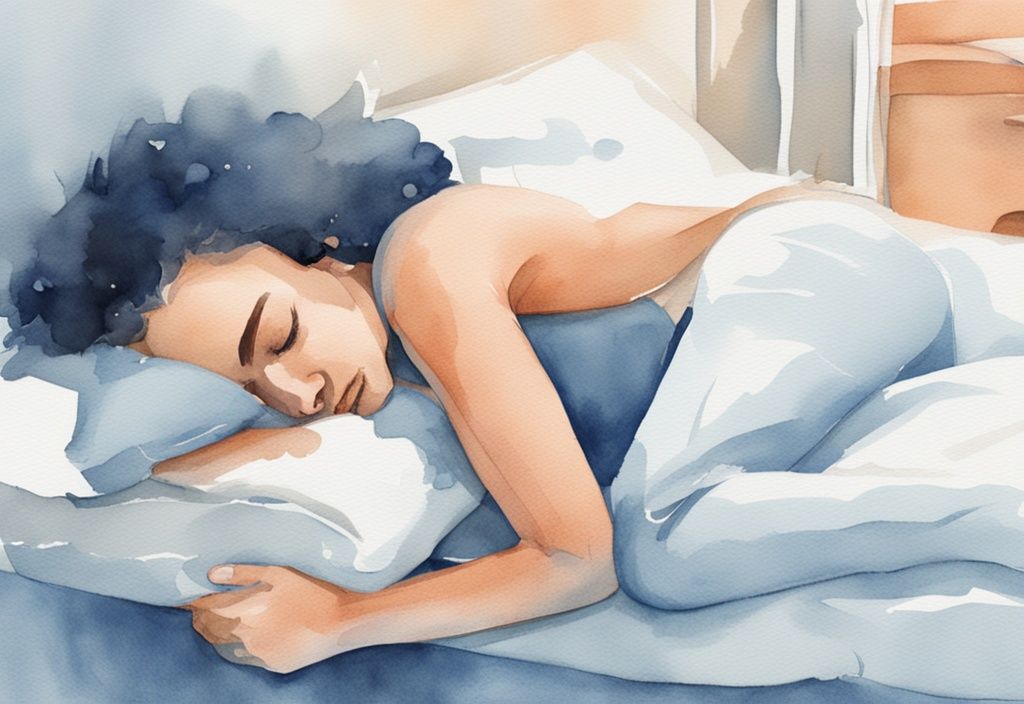 Ilustración moderna en acuarela de una persona acostada en la cama con una almohada bajo las rodillas para aliviar el dolor de lumbago.