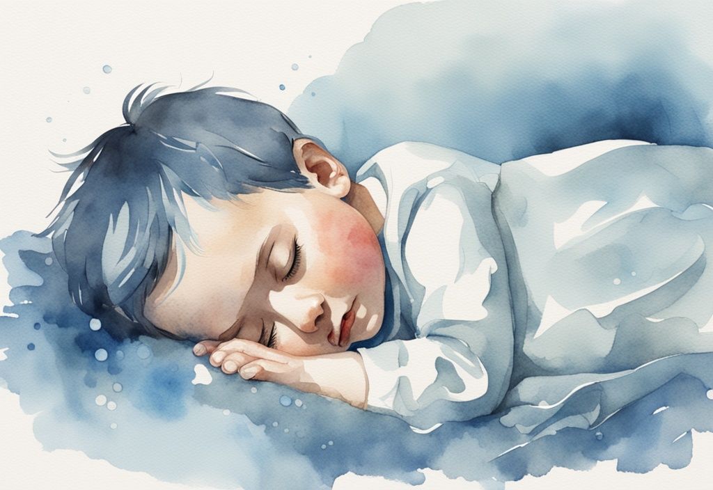 Ilustración moderna en acuarela de un niño durmiendo pacíficamente con sudor en la frente y sábanas húmedas, por qué un niño suda mucho la cabeza al dormir.