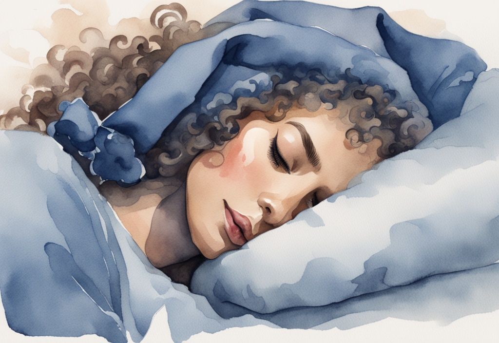 Ilustración moderna en acuarela de una mujer con el pelo rizado durmiendo pacíficamente, usando un gorro de satén para proteger su cabello - cómo dormir con el pelo rizado.