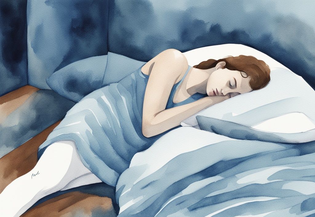 Ilustración moderna en acuarela de una persona durmiendo con la mano debajo de la almohada, destacando por qué se duermen las manos al dormir.