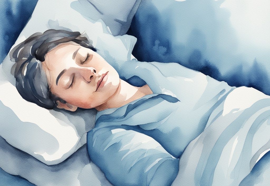 Ilustración moderna en acuarela de una persona durmiendo de lado con almohadas de apoyo para aliviar síntomas de cervicobraquialgia.