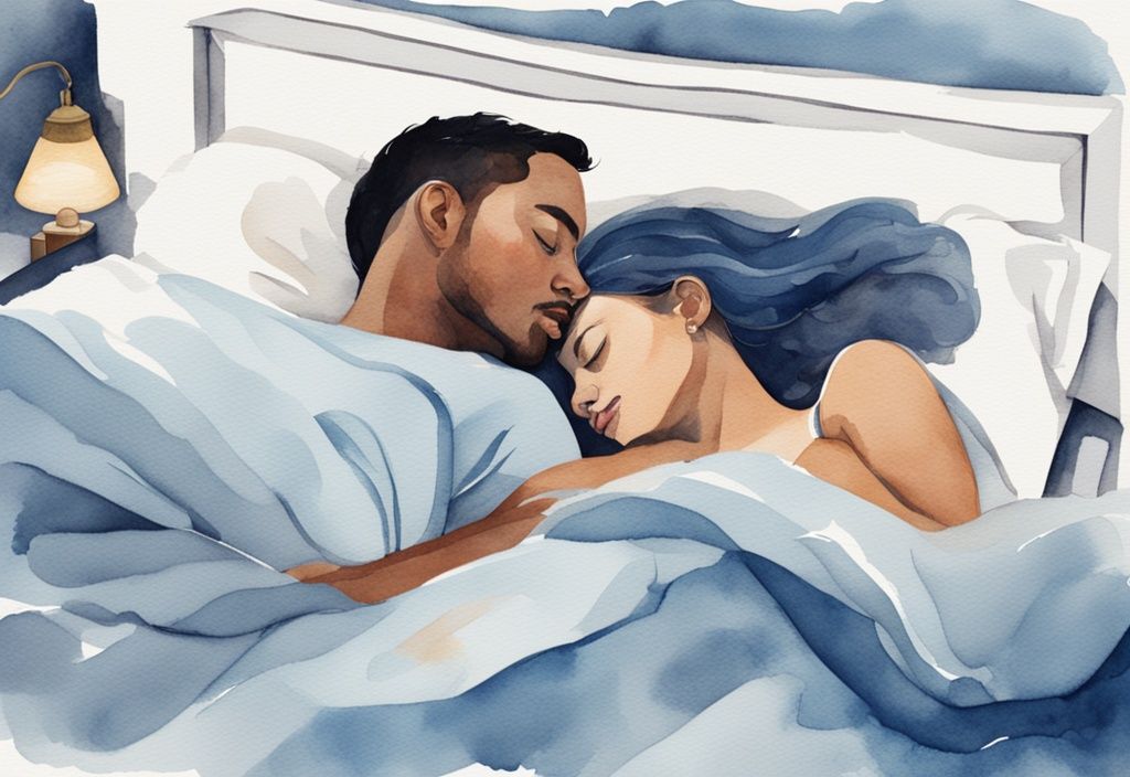 Ilustración moderna en acuarela de un hombre y una mujer durmiendo en la cama, cada uno en su lado preferido, con tema de color principal azul.