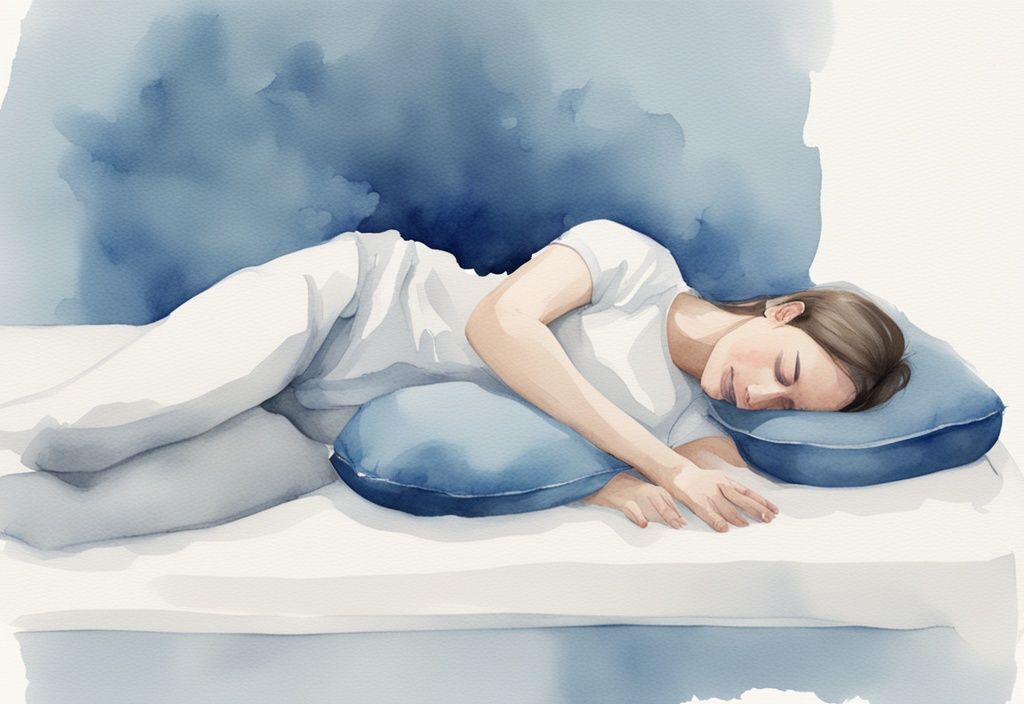 Ilustración moderna en acuarela de una persona durmiendo pacíficamente sobre una almohada ortopédica azul para alinear la columna cervical.