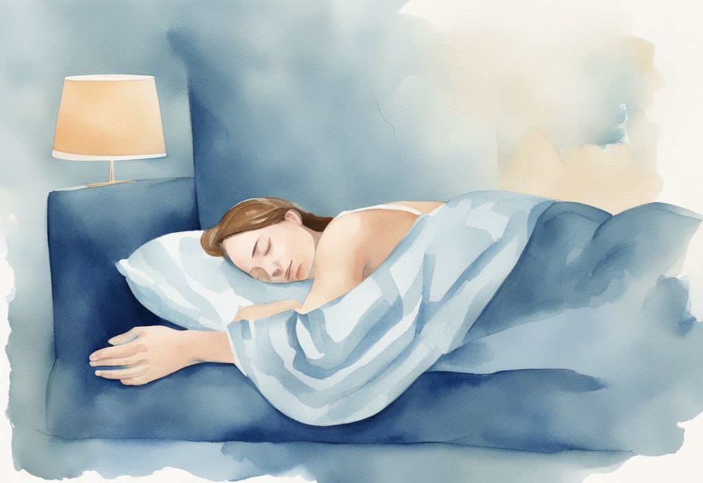 Ilustración moderna en acuarela de una persona durmiendo cómodamente con cojines de apoyo alrededor del torso para aliviar el dolor de un esguince intercostal, tema principal azul.