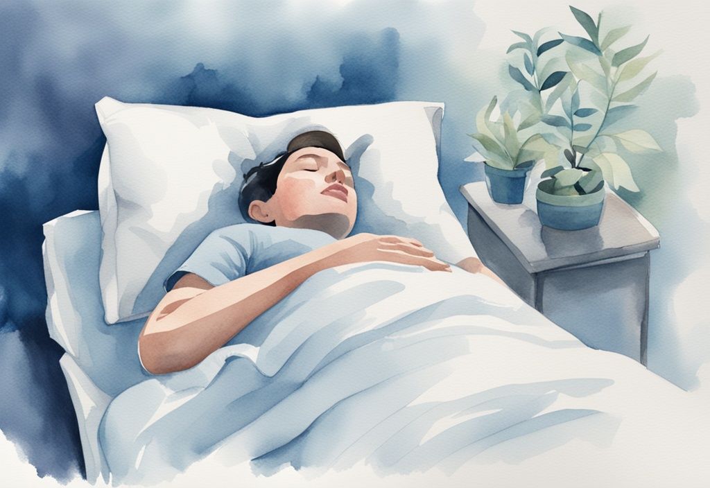 Ilustración moderna en acuarela de una persona con bronquiectasias durmiendo en posición elevada con múltiples almohadas, con tema de color azul.