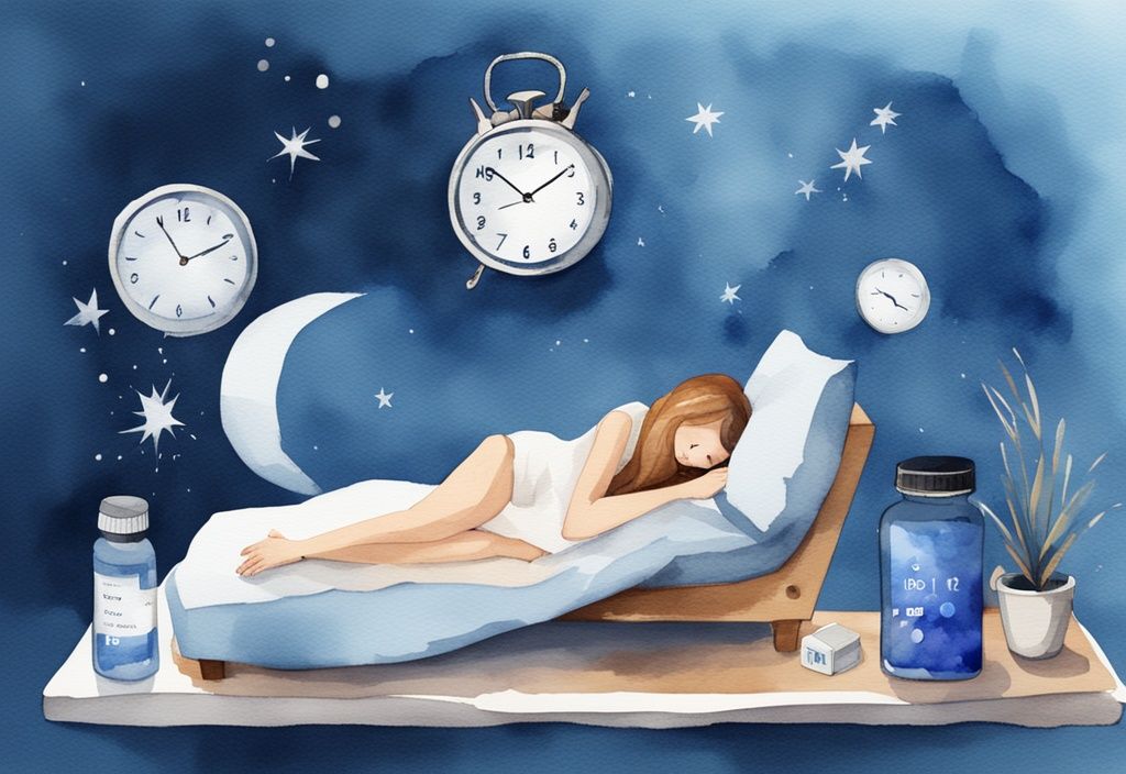 Ilustración moderna en acuarela con tema nocturno, mostrando una botella de suplementos de magnesio y un reloj digital con la hora designada para dormir, ideal para la consulta a qué hora tomar magnesio para dormir.