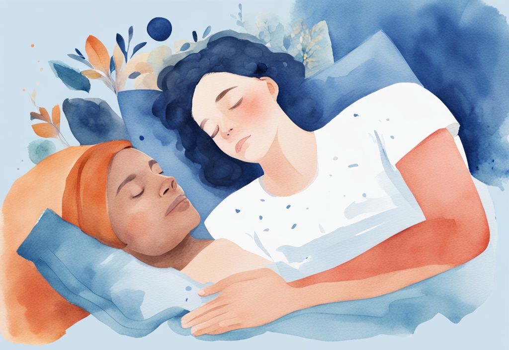 Ilustración moderna en acuarela de una persona durmiendo de lado izquierdo con indicadores de beneficios para la salud, de qué lado es mejor dormir.