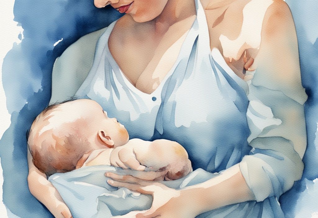 Ilustración moderna en acuarela de una madre guiando a su recién nacido para amamantar, cómo dormir para que el bebé se encaje.