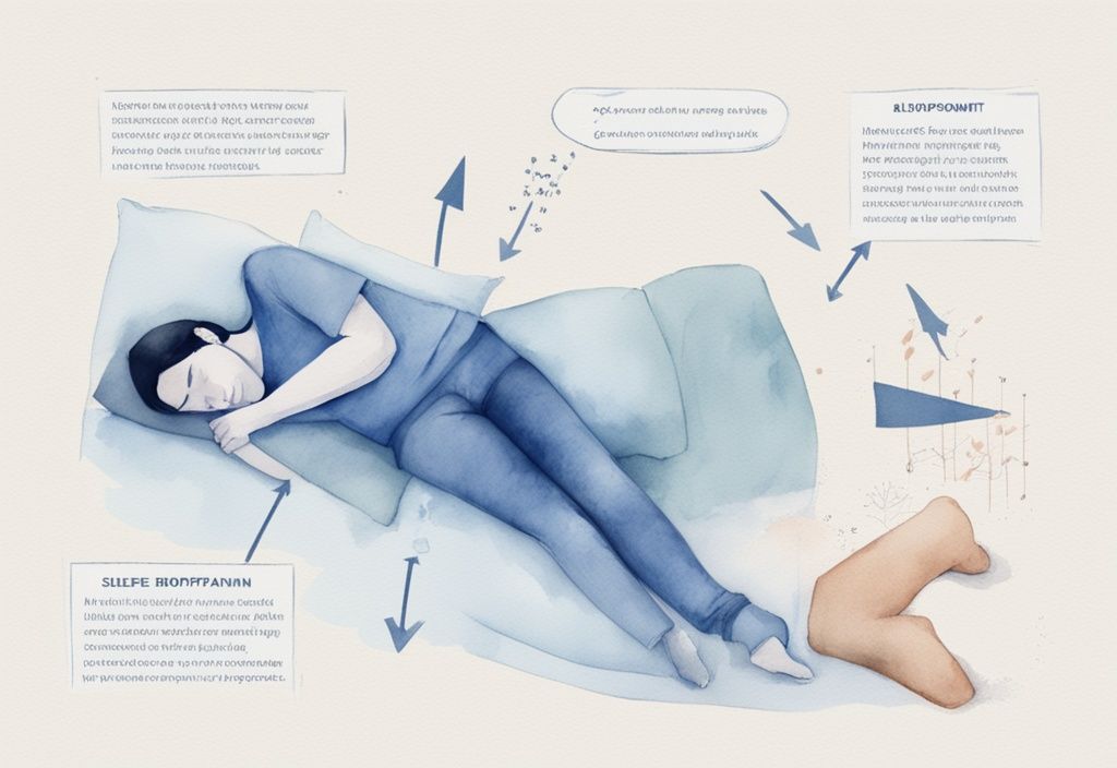 Ilustración moderna en acuarela de una persona durmiendo de lado con una almohada entre las rodillas, mostrando posiciones correctas para aliviar la ciática con flechas y etiquetas explicativas.