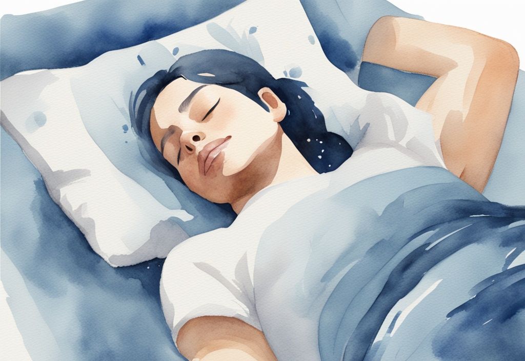 Ilustración moderna en acuarela de una persona durmiendo cómodamente con una almohada especial bajo el cuello, mostrando cómo dormir con una contractura en el cuello.