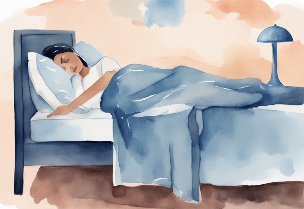 Ilustración moderna en acuarela de una mujer durmiendo cómodamente con el tema principal en azul, mostrando métodos para aliviar los síntomas de la cistitis durante el sueño.