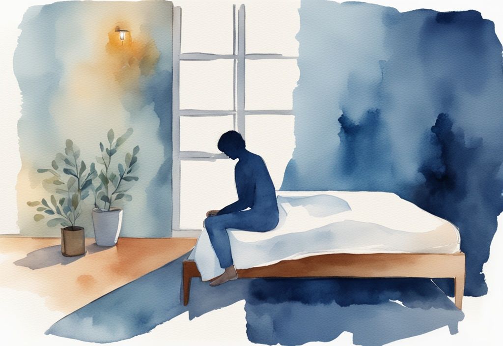 Ilustración moderna en acuarela de un dormitorio sereno en la noche, con una persona sentada en la cama y un vaso pequeño de agua y cápsulas de ashwagandha en la mesita de noche, mostrando cómo tomar ashwagandha para dormir.