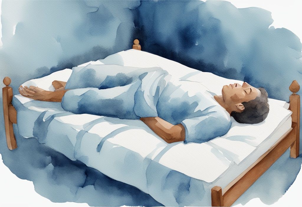 Ilustración moderna en acuarela de una persona durmiendo de espaldas con una almohada bajo las rodillas, mostrando cómo dormir con esguince intercostal.