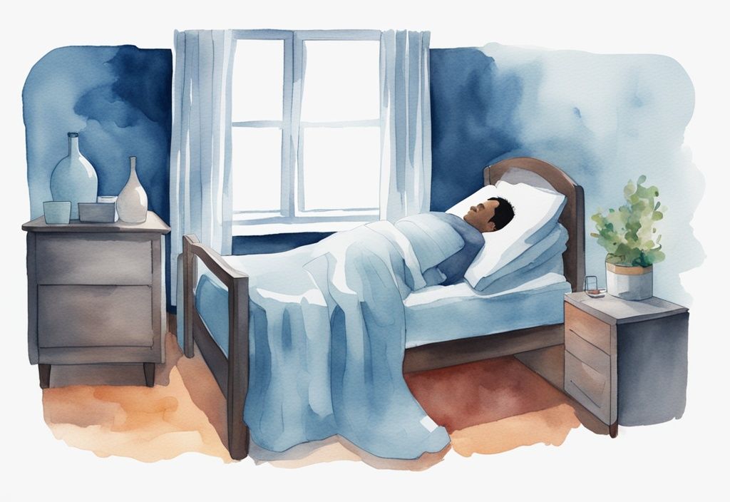 Ilustración moderna en acuarela de una persona con bronquiectasia durmiendo cómodamente en posición elevada, con un humidificador en la mesa de noche, cómo dormir con bronquiectasia.