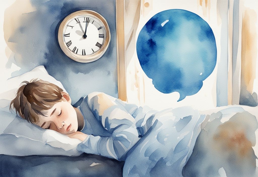 Ilustración moderna en acuarela de un niño de 12 años durmiendo pacíficamente, con un globo de sueño mostrando un reloj marcando 9 horas.