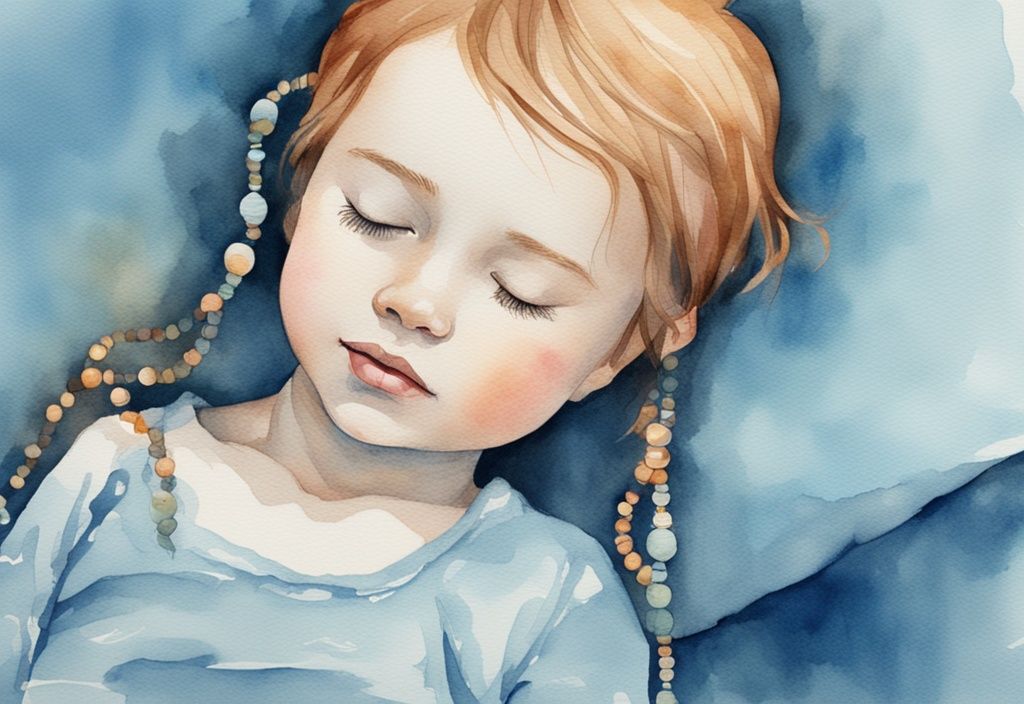 Ilustración moderna en acuarela de un niño durmiendo pacíficamente con gotas de sudor en la frente, tema principal azul