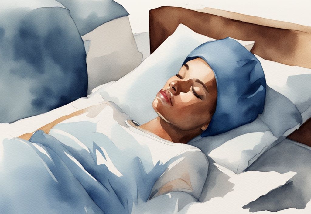 Ilustración moderna en acuarela de una persona durmiendo con almohadas elevadas y gorro de satén, mostrando cómo dormir después de un injerto capilar.