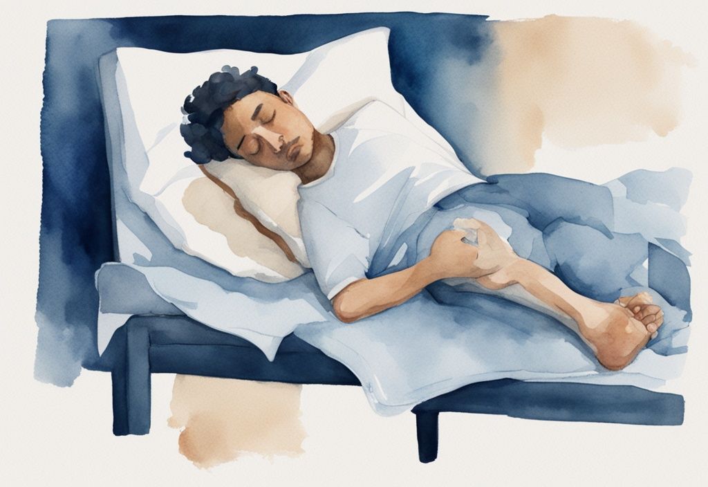 Ilustración moderna en acuarela azul de una persona durmiendo de espaldas con una almohada bajo el tobillo lesionado para elevarlo, cómo dormir con un esguince de tobillo.