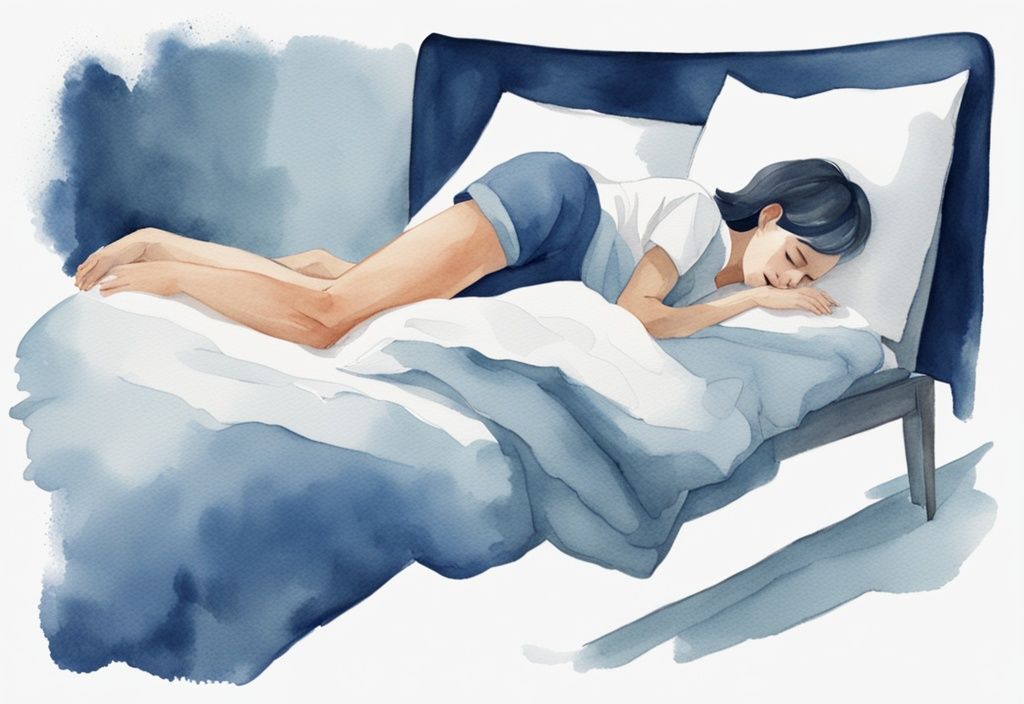 Ilustración moderna en acuarela de una persona durmiendo cómodamente de lado con una almohada especialmente diseñada para apoyar su cuello rígido, en tonos azules.