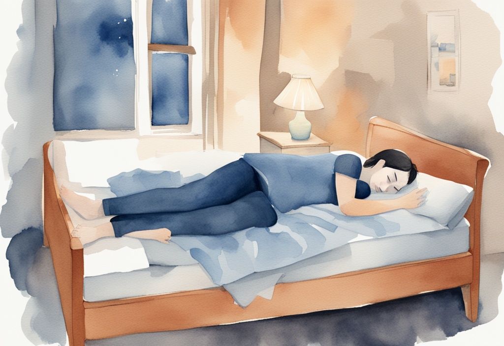 Ilustración moderna en acuarela de una persona con el tobillo torcido apoyado en una almohada, descansando en una cama en una habitación tenue y tranquila, con temática de color azul.