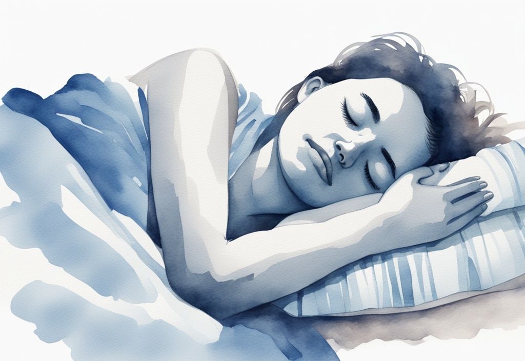 Ilustración moderna en acuarela de una persona durmiendo en una posición recomendada con soporte para el cuello para aliviar mareos cervicales - cómo dormir con mareos cervicales.