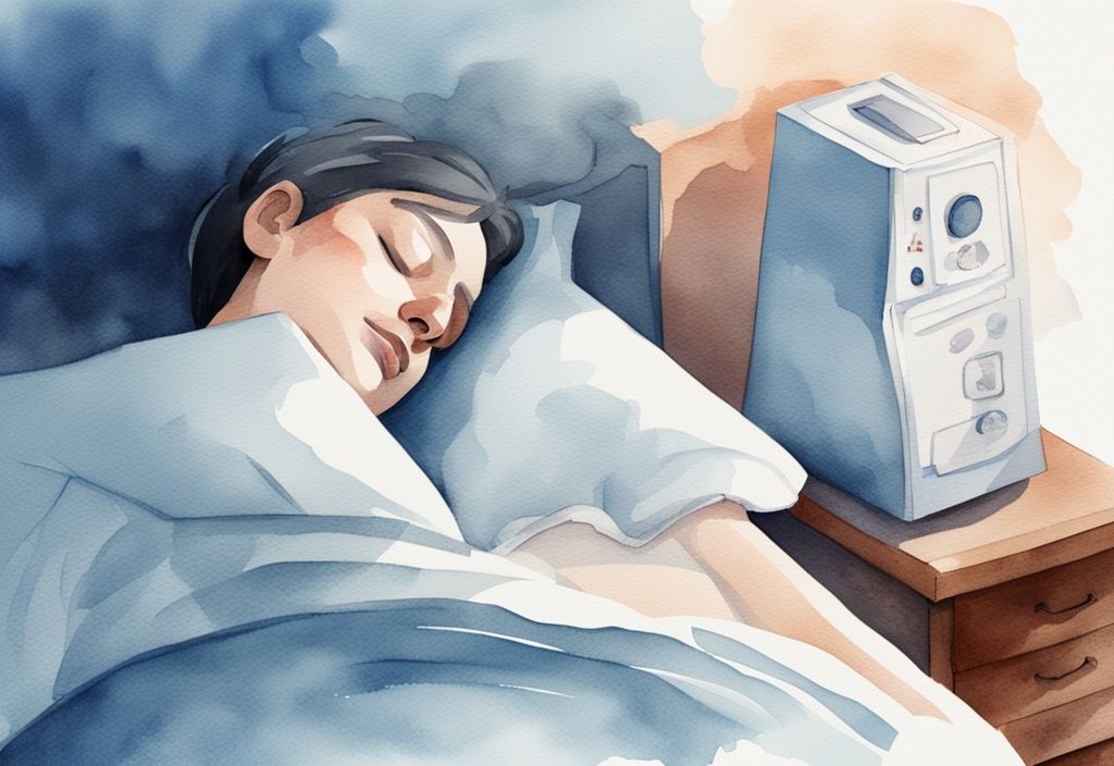 Ilustración moderna en acuarela de una persona con bronquiectasia durmiendo cómodamente en posición elevada, con un humidificador en la mesa de noche - cómo dormir con bronquiectasia.