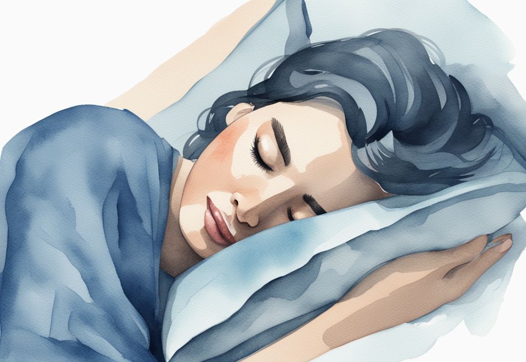 Ilustración en acuarela moderna de una persona durmiendo pacíficamente de lado con la boca cerrada, usando una almohada especial, cómo dormir con la boca cerrada.