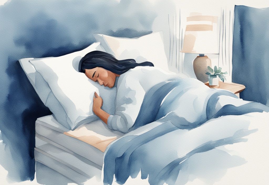 Ilustración moderna en acuarela azul de una persona ajustando su posición en la cama con almohadas para aliviar el dolor de lumbago, cómo dormir con lumbago.