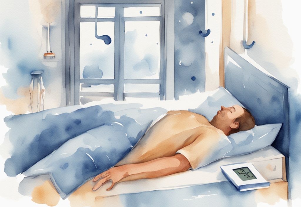 Ilustración moderna en acuarela con tema principal en azul, mostrando un termómetro junto a una figura durmiendo pacíficamente, indicando cuál es la temperatura ideal para dormir.