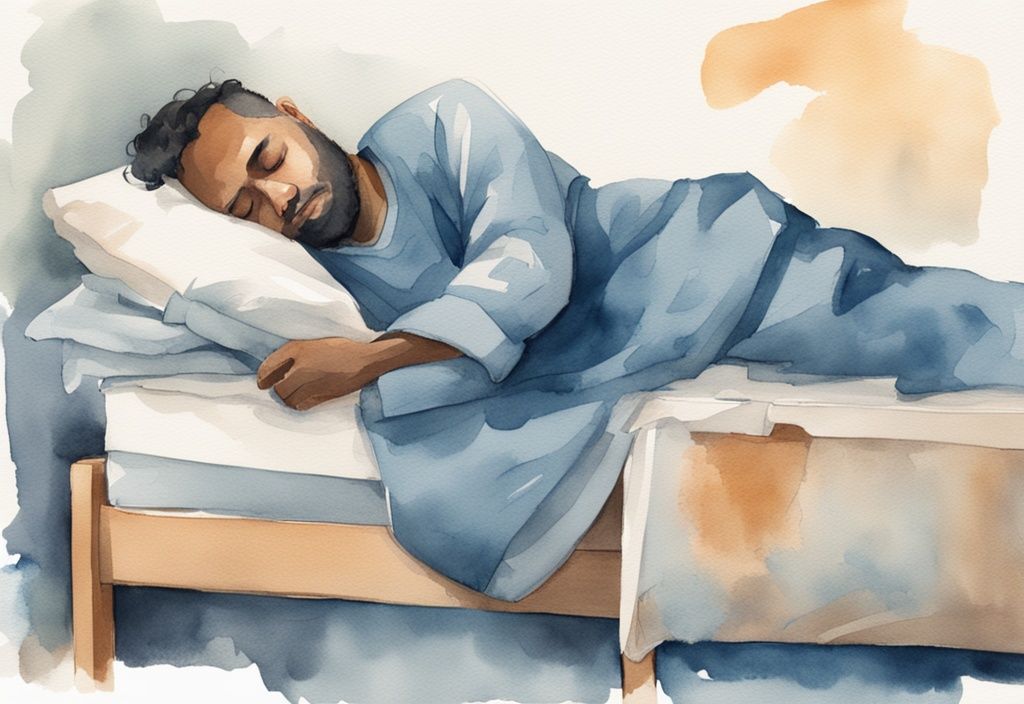 Ilustración moderna en acuarela de un hombre durmiendo de lado con una bolsa de nefrostomía asegurada en la cama, tema principal azul.