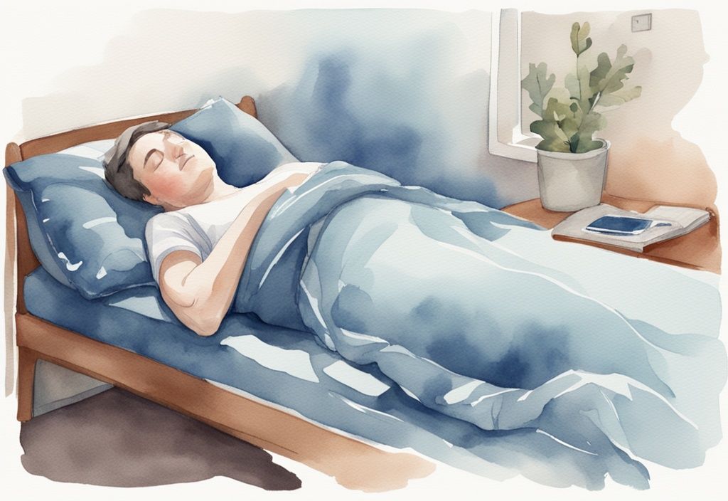 Ilustración moderna en acuarela en tonos azules de una persona con una bolsa de nefrostomía durmiendo cómodamente de lado, usando una almohada corporal para apoyo, cómo dormir con una nefrostomía.