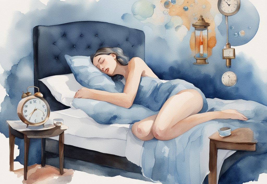 Ilustración moderna en acuarela de una mujer relajada durmiendo en la cama con un termómetro, reloj y burbujas de sueño, simbolizando las 13 razones por las que una mujer debe dormir sin ropa.