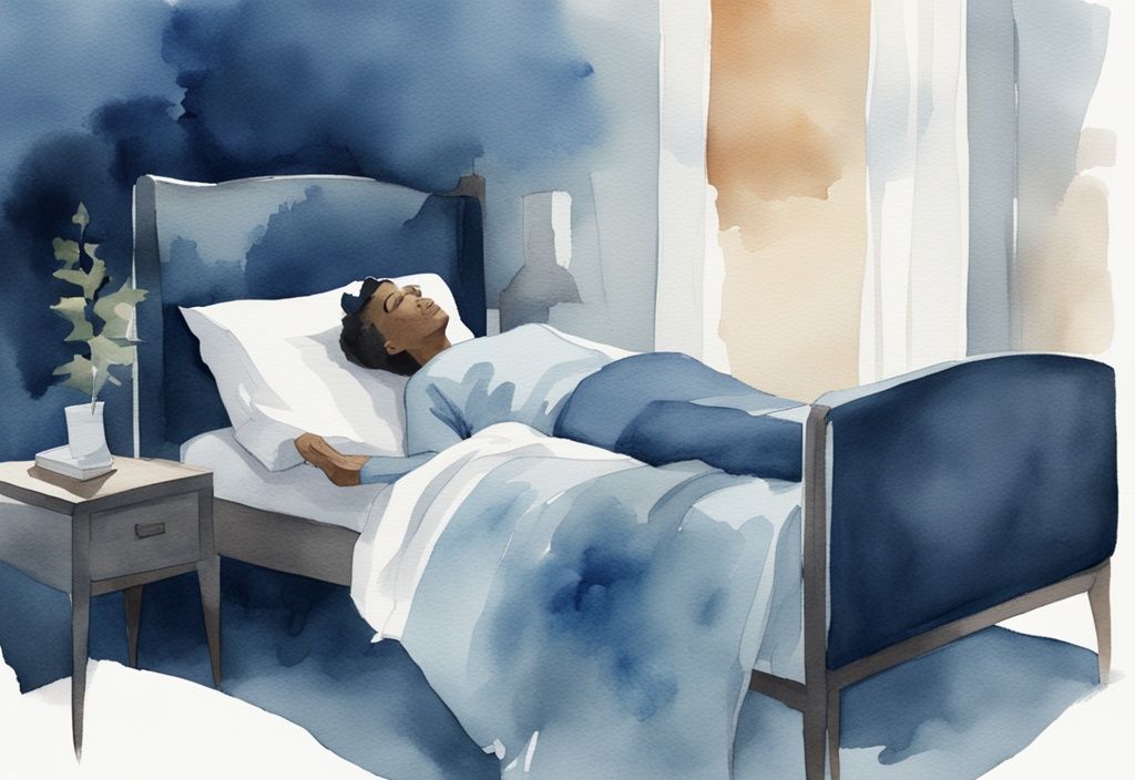 Ilustración moderna en acuarela de una persona acostada en una almohada especial para aliviar la tortícolis en un dormitorio tranquilo y con poca luz, cómo dormir con tortícolis.