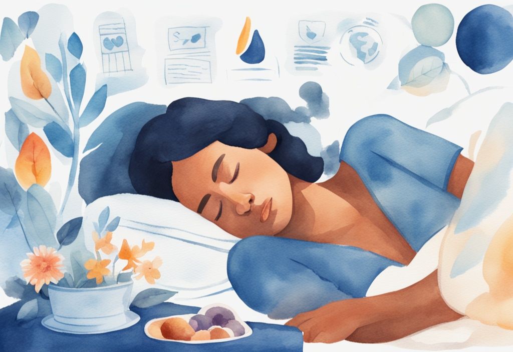 Ilustración moderna en acuarela de una persona durmiendo pacíficamente sobre su lado izquierdo, destacando los beneficios para la salud de esta posición, de qué lado es mejor dormir.