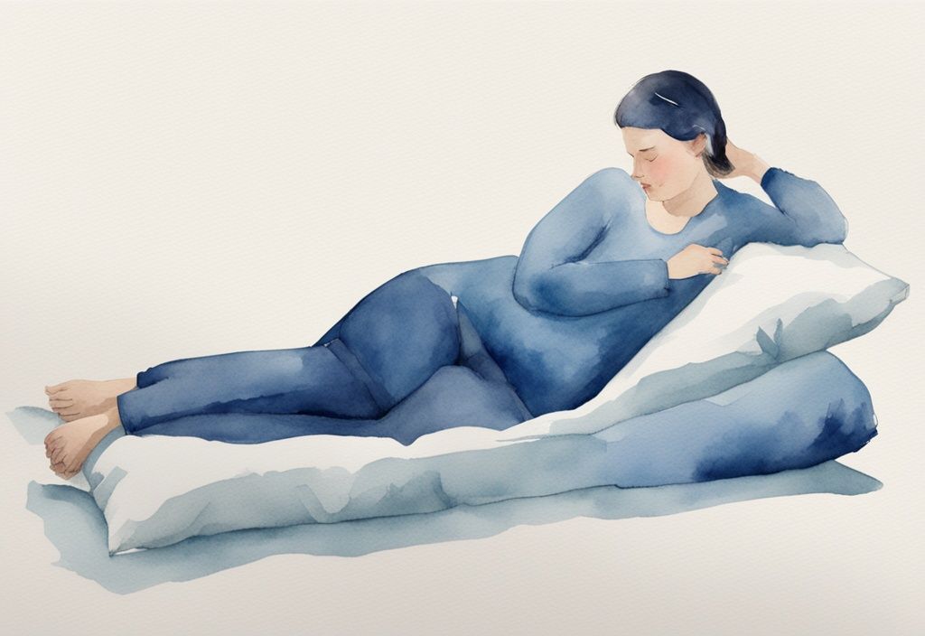 Ilustración moderna en acuarela de una persona durmiendo de lado con una almohada entre las rodillas, ideal para meralgia parestésica, tema en azul.