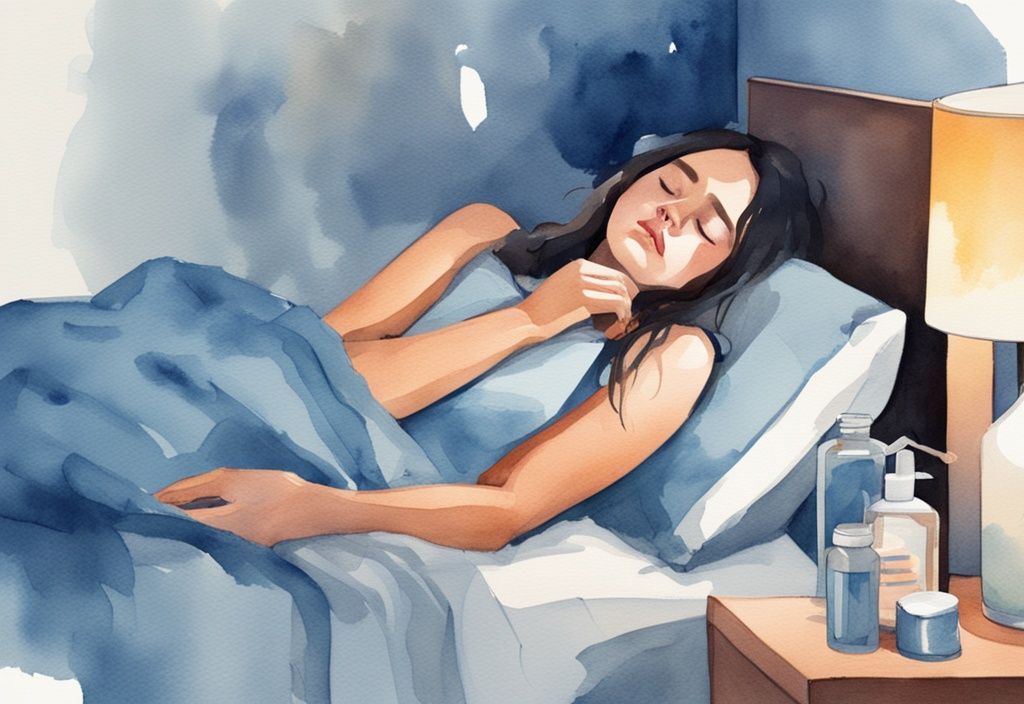 Ilustración moderna en acuarela de una joven durmiendo en posición elevada con un humidificador y jarabe para la tos en la mesita de noche, cómo dormir con tos.