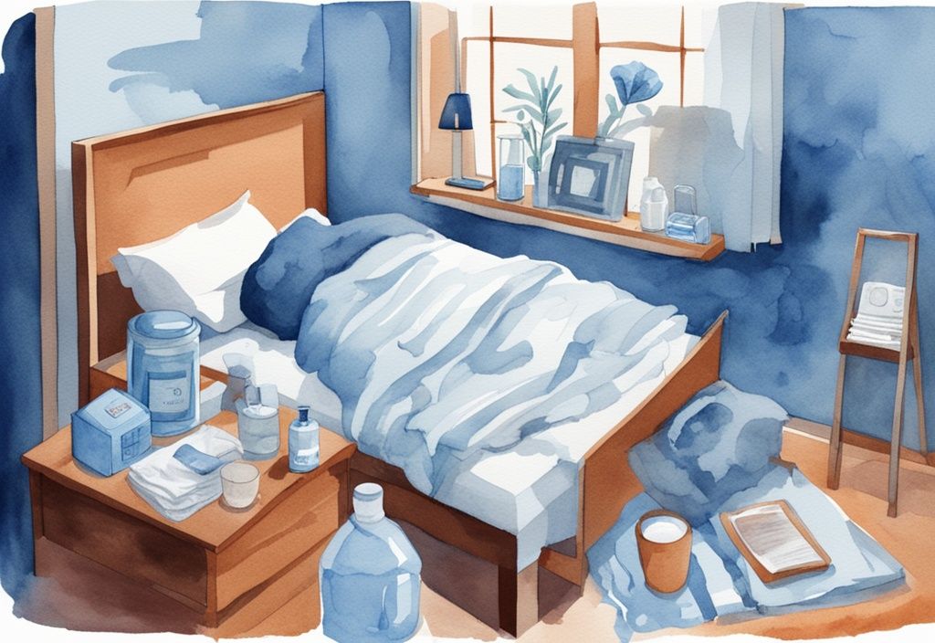 Ilustración moderna en acuarela de una persona durmiendo en una cama, rodeada de un humidificador, un vaso de agua y una caja de pañuelos, representando consejos para dormir con tos.