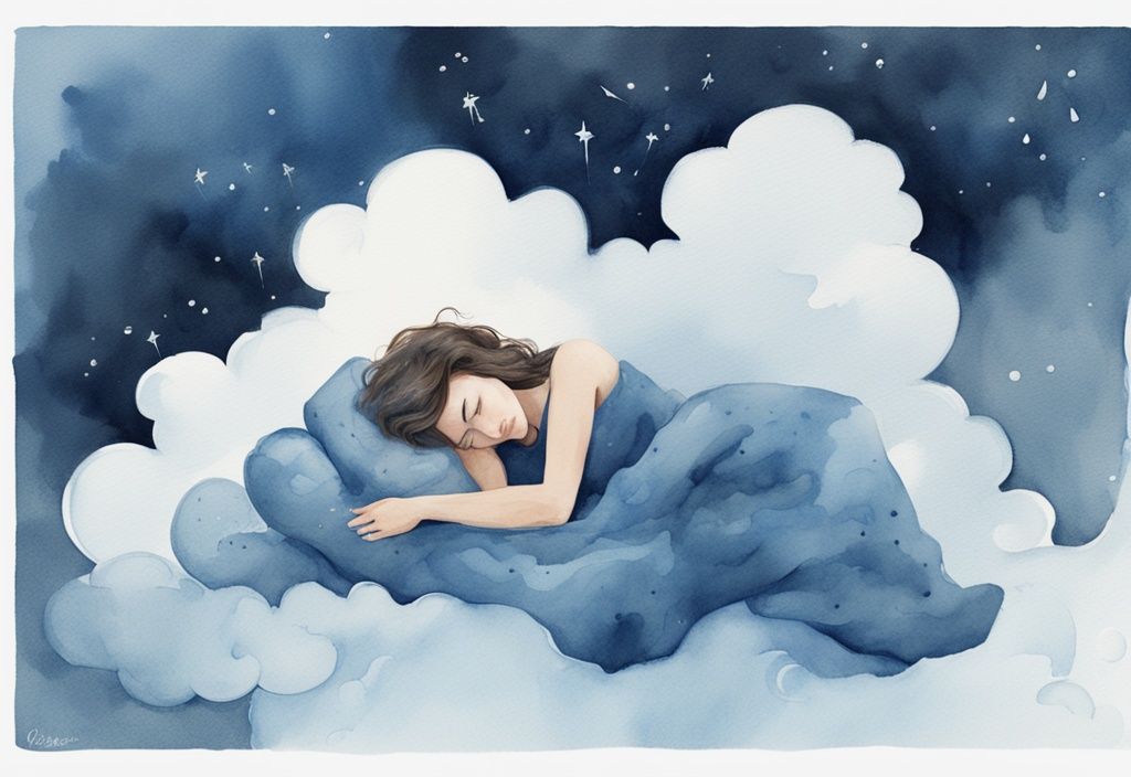 Ilustración moderna en acuarela de una mujer durmiendo en una nube, con elementos simbólicos que representan 13 razones para dormir sin ropa.