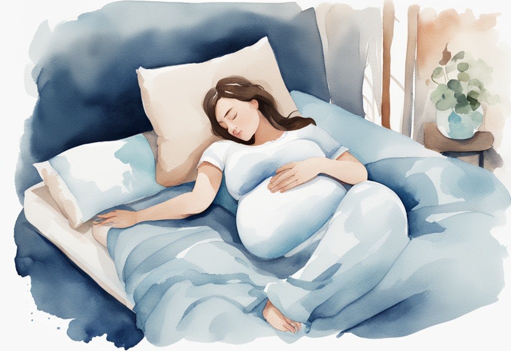 Ilustración moderna en acuarela de una mujer embarazada durmiendo cómodamente de lado con almohadas de apoyo entre las rodillas, bajo el vientre y detrás de la espalda, cómo dormir embarazada.