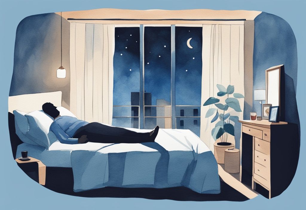 Ilustración moderna en acuarela de un dormitorio tranquilo por la noche con una persona durmiendo de lado usando una almohada especial y otra persona durmiendo cómodamente, demostrando métodos efectivos para dejar de roncar.