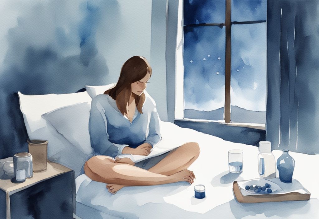 Ilustración de acuarela moderna de dormitorio en la noche con una persona sentada en la cama, un vaso pequeño de agua y cápsulas de ashwagandha en la mesita de noche, cómo tomar ashwagandha para dormir.