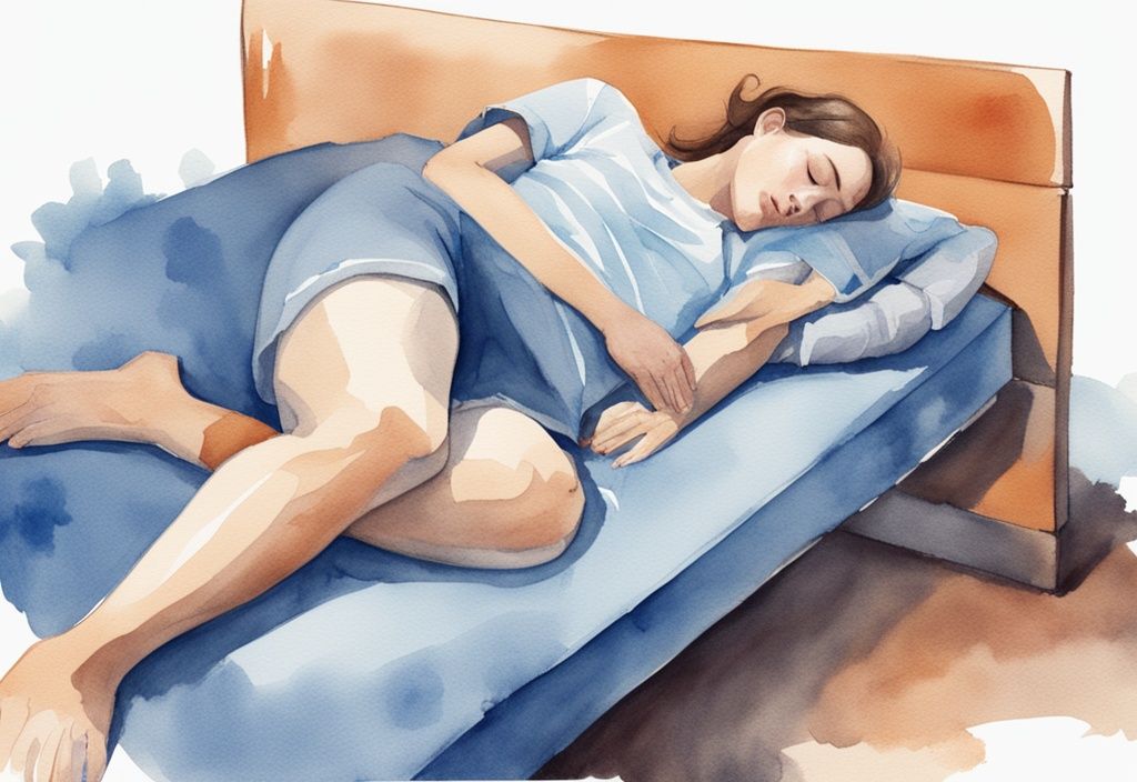 Ilustración moderna en acuarela de una persona durmiendo cómodamente con una almohada bajo la rodilla lesionada, mostrando cómo dormir con un menisco desgarrado.